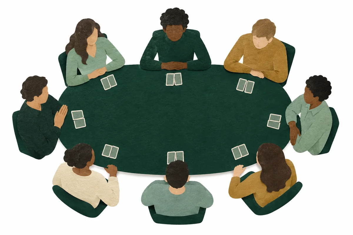 Featureless adult silhouettes seated around a paper poker table.