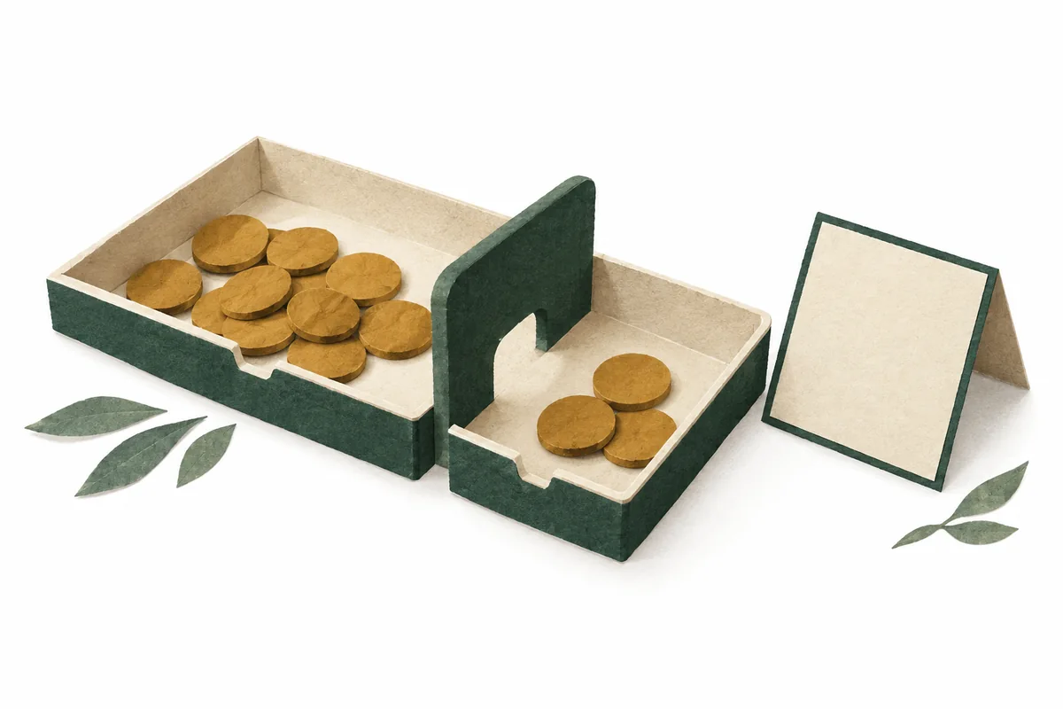 Plain counters divided between two trays by a paper gate.