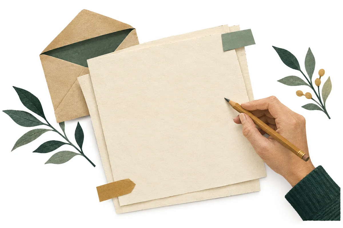 Blank draft sheets, a pencil and an open envelope on a desk.