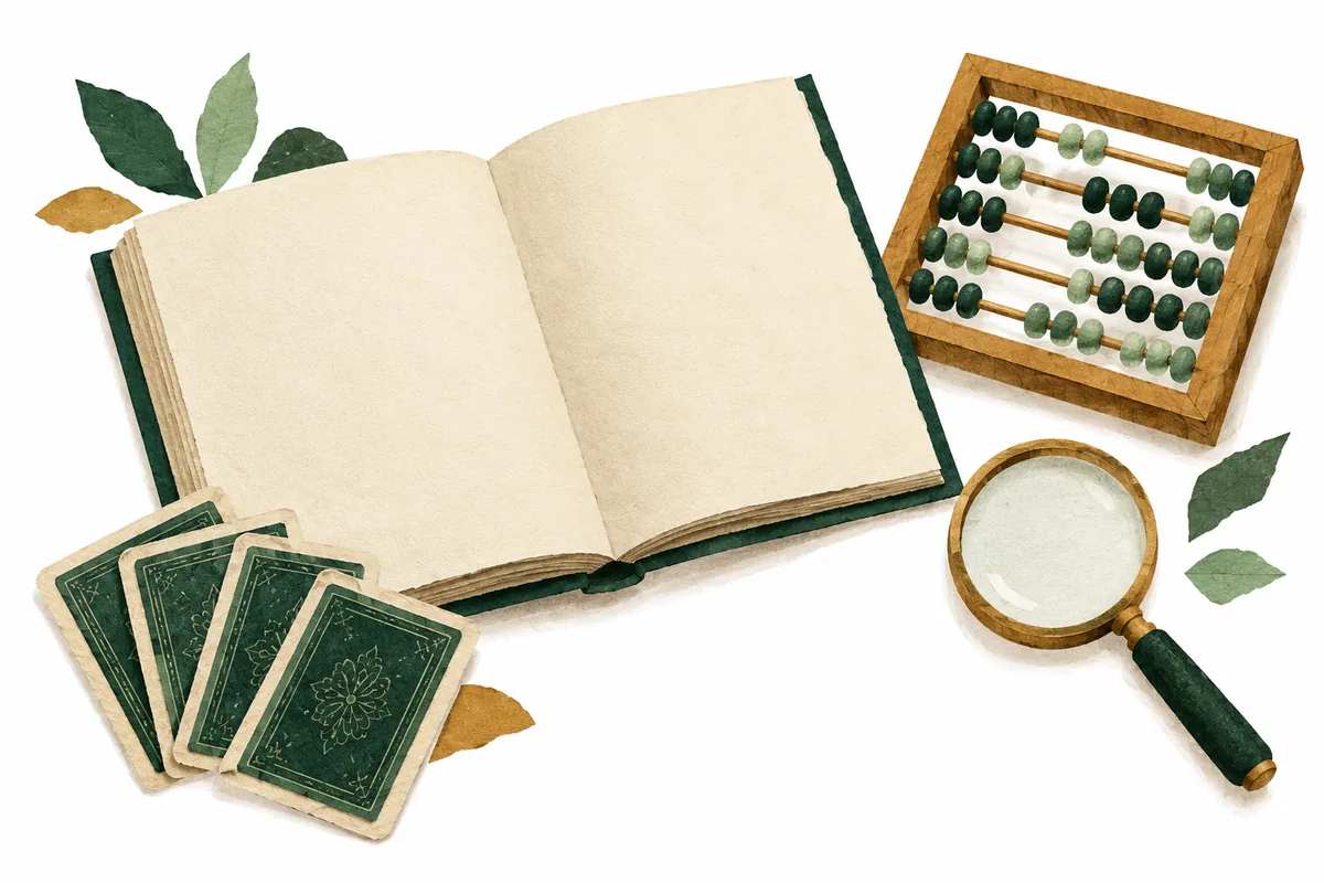 A blank reference book, unmarked card backs and a counting frame.