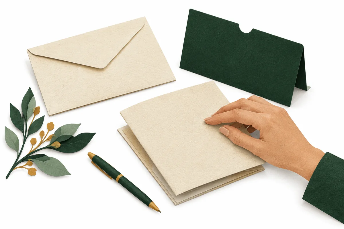 An adult hand closes a blank booklet beside an envelope.