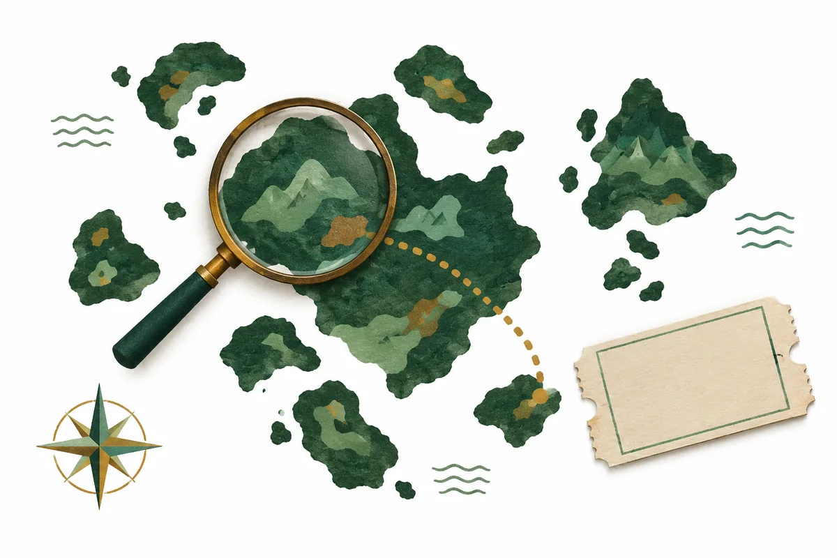 A blank event ticket beside an invented map of paper islands.