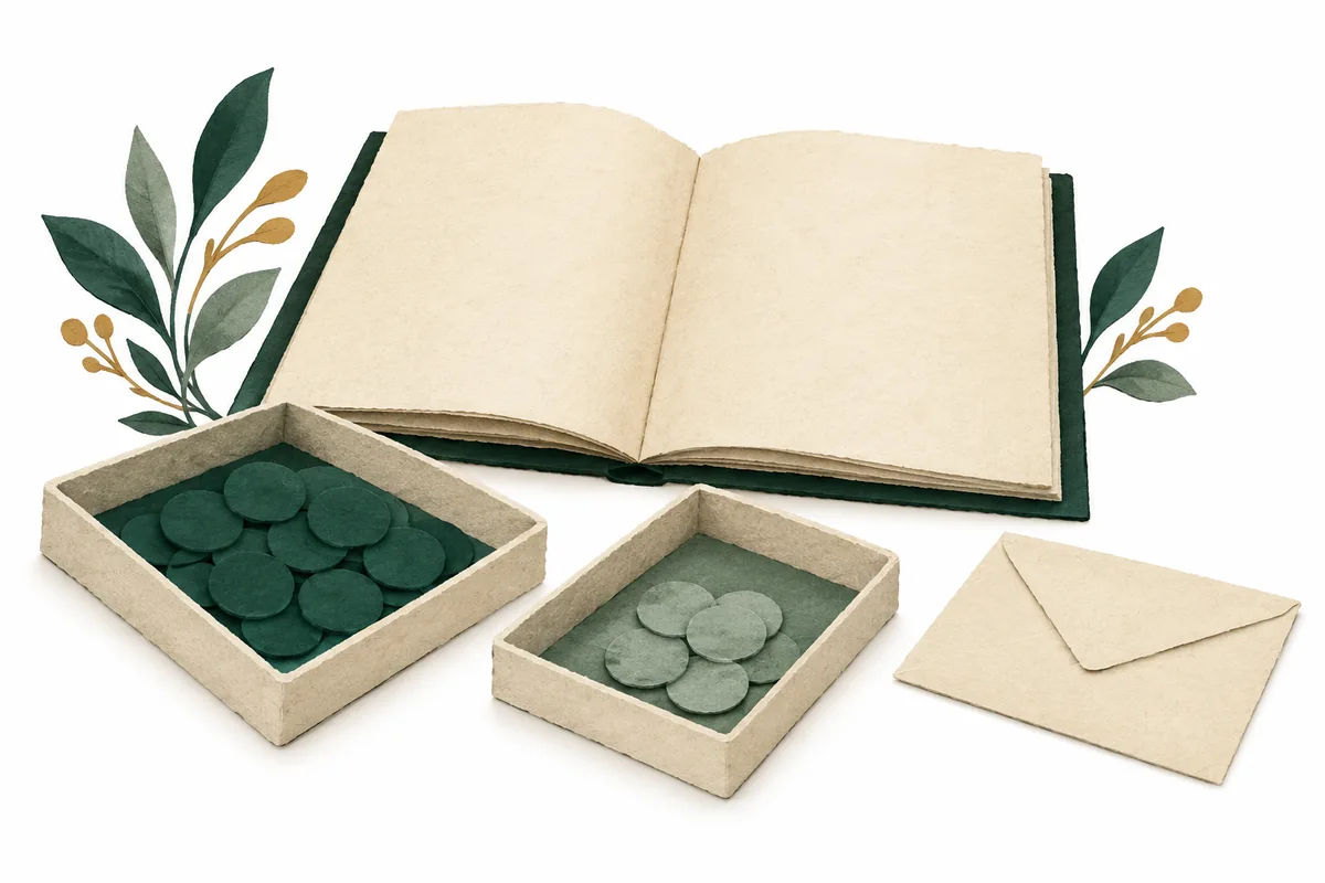 Two counter trays and a separate envelope beside a open ledger.