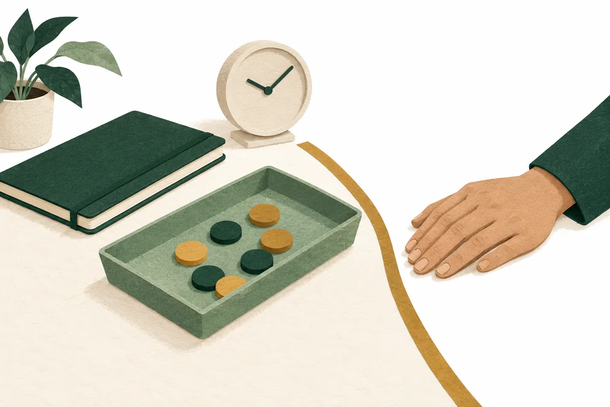 A numberless clock, closed notebook and counters behind a boundary.