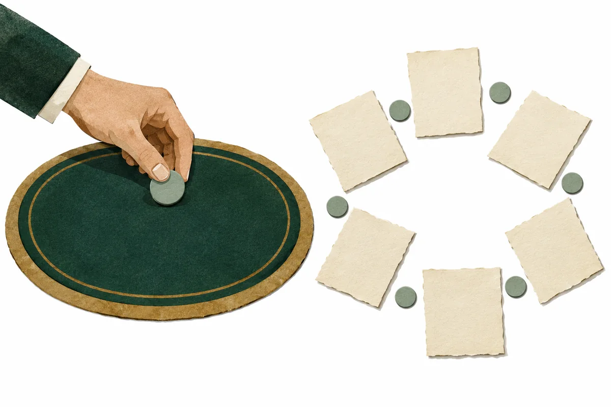 A hand starts an empty table beside a cycle of blank paper leaves.