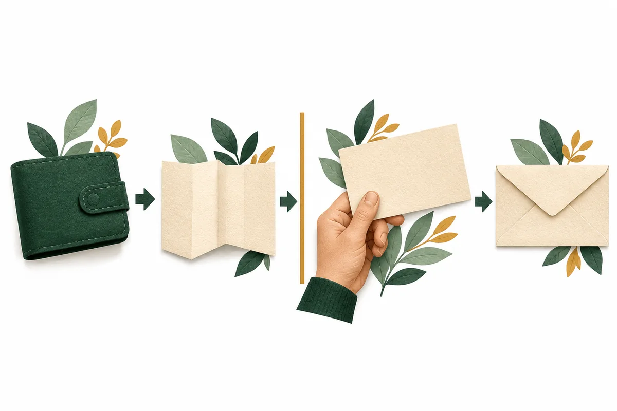 A wallet and envelope separated by folded steps and a paper divider.